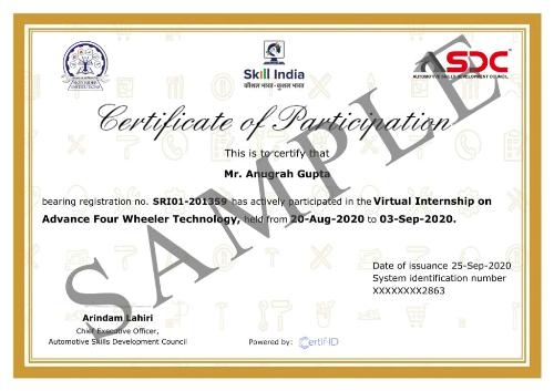 Internship Certificate by ASDC (Automotive Development Council- Govt of India) on Advanced Four Wheeler Technology